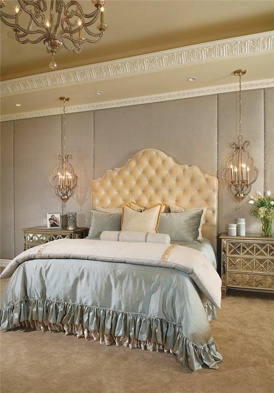 ucuz barok mobilyalar, orijinal aydınlatma, taupe rengi duvar, şampanya yatak başlığı
