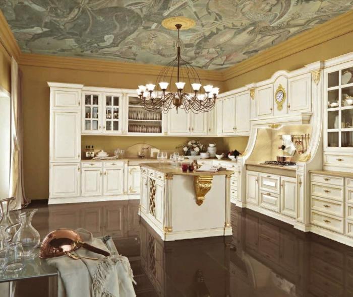 baročna dekoracija, osrednji otok, strop s putti deco, bela kuhinja