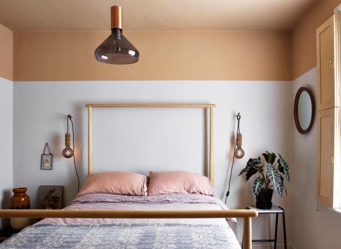 beyaz ve bej duvarlı yetişkin yatak odası dekoru, bambu yatak ve retro aksanlarla döşenmiş yetişkin odası dekor stili