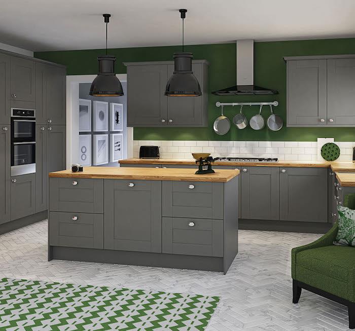 moderniai įrengtas virtuvės modelis, naujos pilkos ir žalios virtuvės išdėstymo idėjos