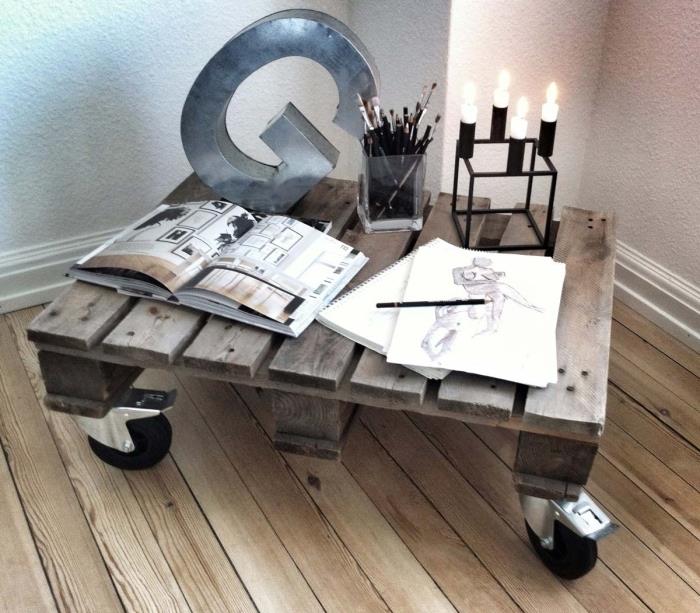 dergileri ve küçük dekoratif eşyaları sergilemek için tekerlekli kaba endüstriyel görünümlü palet masası