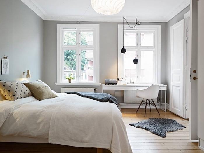 Yatak odasını dekore eden yetişkin yatak odası için yerleşik gardırop, rahat yatak odası İskandinav tasarımı elde etmek için harika bir fikir
