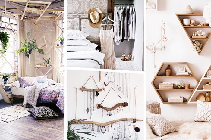 skladiščno pohištvo v sodobni boemski spalnici z geometrijsko oblikovanimi stenskimi policami in lesnimi vejami