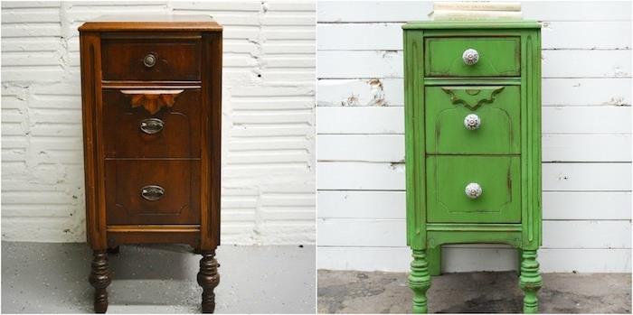 önce yenilenen mobilyalar, sonra yeşil boya ile kaplanmış eski bir koyu ahşap saklama dolabı, bir dolap nasıl patina edilir