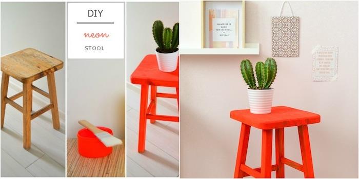 pohištvo prenovljeno pred tem, stolček prebarvan z neonsko rdečo barvo, kaktus v belem cvetličnem loncu, enostavno naredi sam