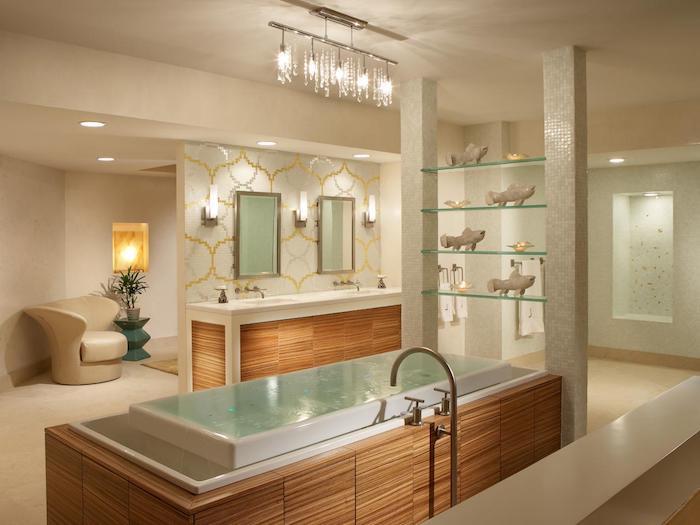 modern banyo, kristal sarkıt lamba, beyaz tavan, küvet, ahşap mobilyalar