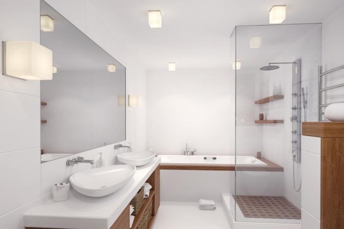 banyo karoları, küvetli banyo modeli, ahşap raflı örnek duvar dolabı