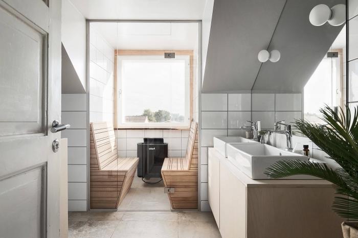 Eğimli bir banyoda çağdaş banyo lavabo dolabı, spa ve dinlenme alanı seçimi