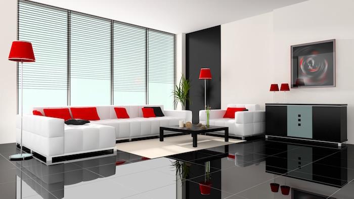 moderna dnevna soba trezna dekoracija razkošen kavč bela rdeča črna