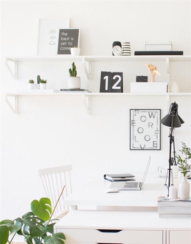 ofis dekor fikirleri, ucuz iskandinav dekoru, beyaz masa ve sandalye, siyah beyaz dekor aksesuarları ile beyaz raflar