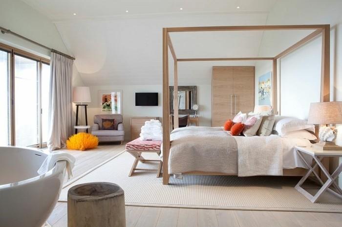 skandinaviškas-baldas-baldakimas-medinis ir medinis parketas-erdvus miegamasis su kai kuriomis spalvomis.
