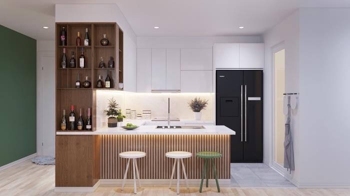 lesena kuhinja, belo kuhinjsko pohištvo brez ročajev z LED osvetlitvijo, kuhinja z osrednjim otokom v beli barvi