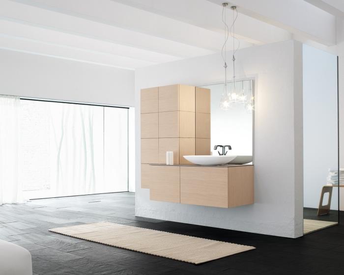 minimalist tarzda banyo düzeni, kulpsuz hafif ahşap banyo dolabı, banyo paspası modeli