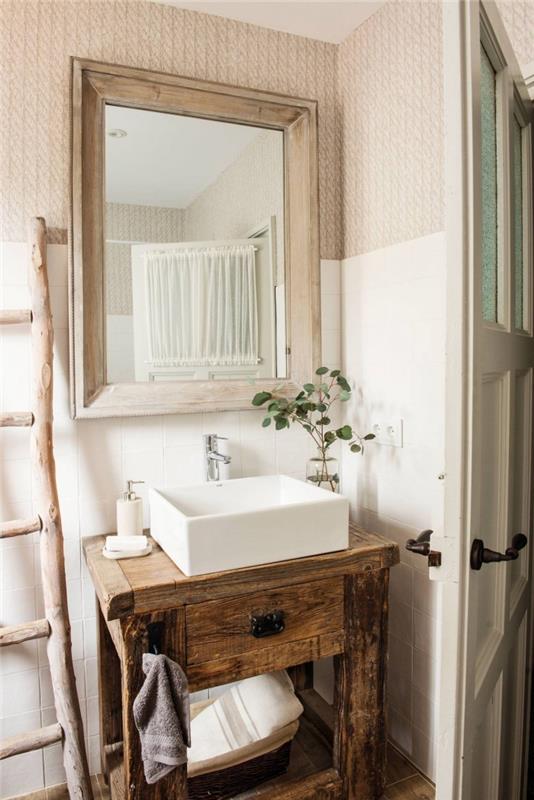 Praustuvo žaliavos medžio stačiakampio veidrodžio kopėčių rankšluosčių laikymo kaimiška vonios spintelė