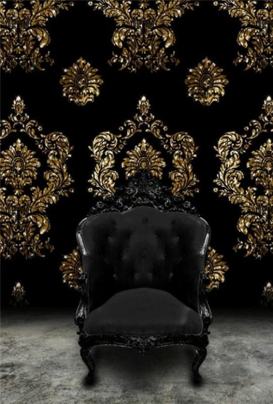 baroc baldai juodas fotelis juodame tapetų fone su lelijų gėlių formos ornamentais