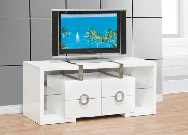 baltai lakuota televizoriaus spintelė su stalčiais