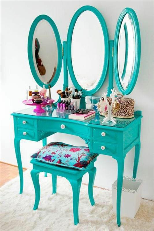 üç parça ve beş çekmeceli turkuaz mavi aynalı barok mobilya tuvalet masası