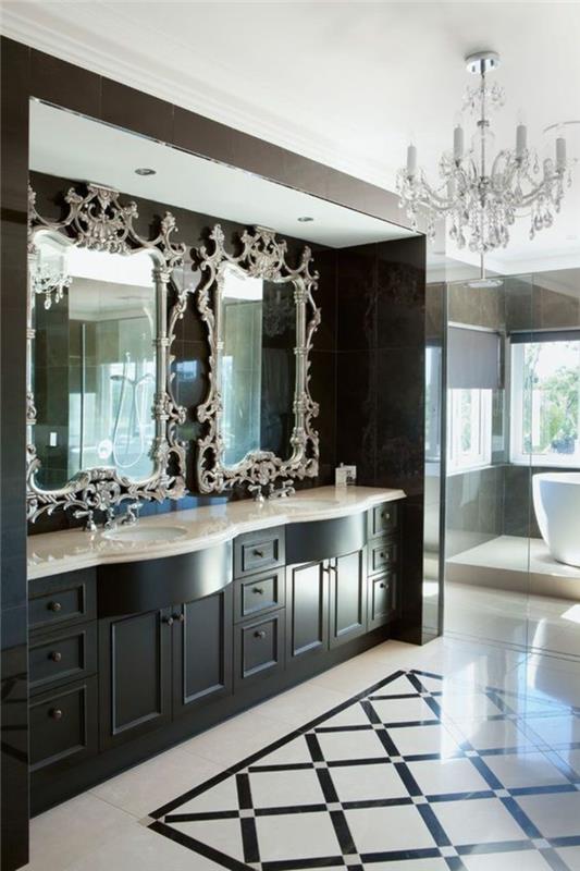 barokinė vonios spintelė su veidrodžiais sidabro rėmuose su krištolo liustra