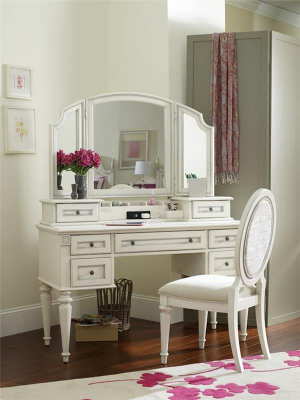 balto baroko stiliaus spintelė su septyniais stalčiais trijų dalių veidrodinė kėdė be porankių su ovaliu atlošu