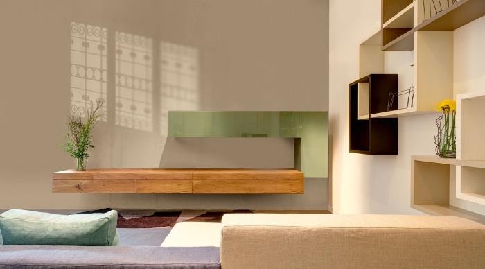 sodobno notranjo opremo v dnevni sobi, opremljeni z lesenim pohištvom, bež z zeleno barvno kombinacijo
