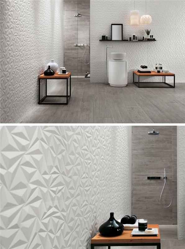 kabartma desenli banyo duvar paneli, demir ayaklı ahşap sehpa, siyah raflı örnek duvar dolabı