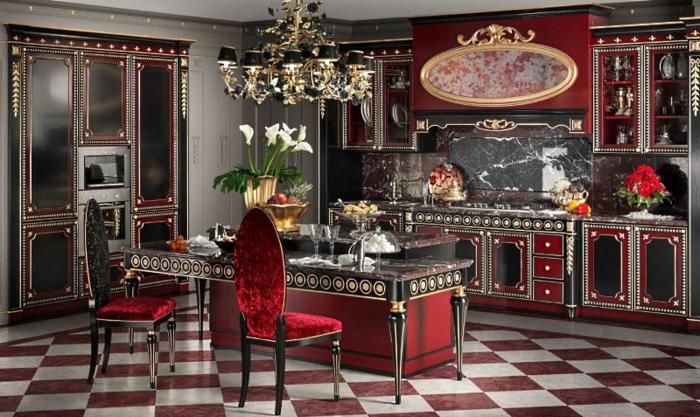 baročno pohištvo, rdeča kuhinja, baročni dekor, marmorna hrbtna stena, črni in zlati lestenec
