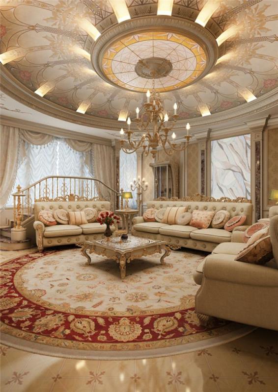 baročni dekor, strop z zlato dekoracijo, okrogla preproga, marmorna tla