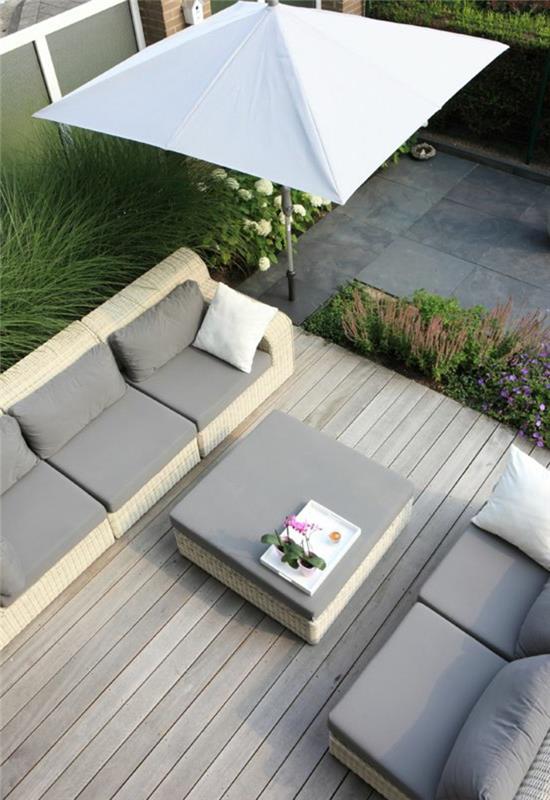 sodo baldai-pilki-grindys-grindys-gražus-sodas-skėtis-stačiakampis-pilkas
