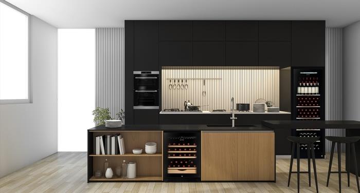 siyah tezgahlı modern mutfak örneği, bar adalı açık plan mutfak düzeni