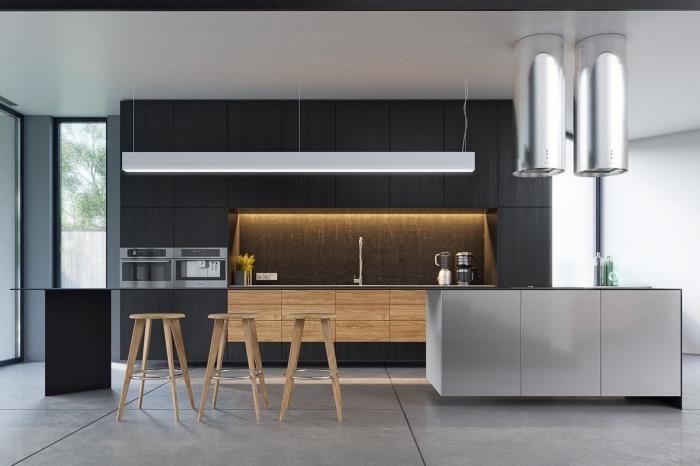çağdaş bir açık mutfak nasıl düzenlenir, ahşap ve mat siyahta doğrusal mutfak düzeni fikri