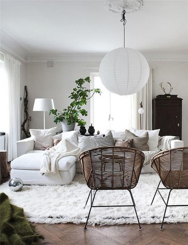 skandinaviški baldai-rūmai-skandinaviško dizaino baldai-baltas kilimas-tamsios medienos parketas