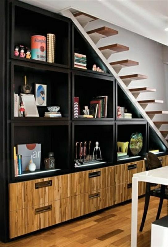 mobilya-merdiven altı-oturma odası-geniş-kütüphane-merdiven altı-siyah-ahşap-parke-ahşap