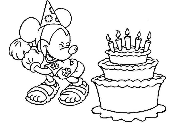 Mickey Mouse in trislojna torta za rojstnodnevne torte s svečami, rojstnodnevna risba, čestitka za rojstni dan