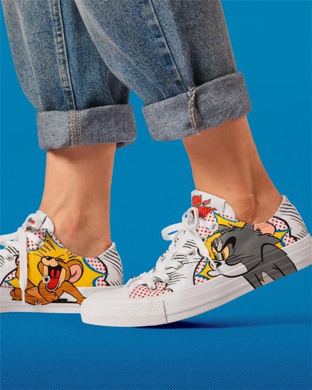 Tom in Jerry pop art risita, kako prilagoditi svoje čevlje, odlična ideja, osebni slog, ženske kavbojke