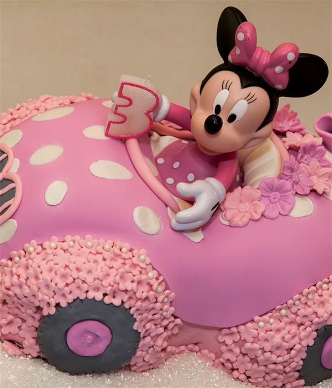 Mimi fare arabasında pembe orijinal pasta, çocuk doğum günü pastası, doğum günü pastası resmi, pasta resmi
