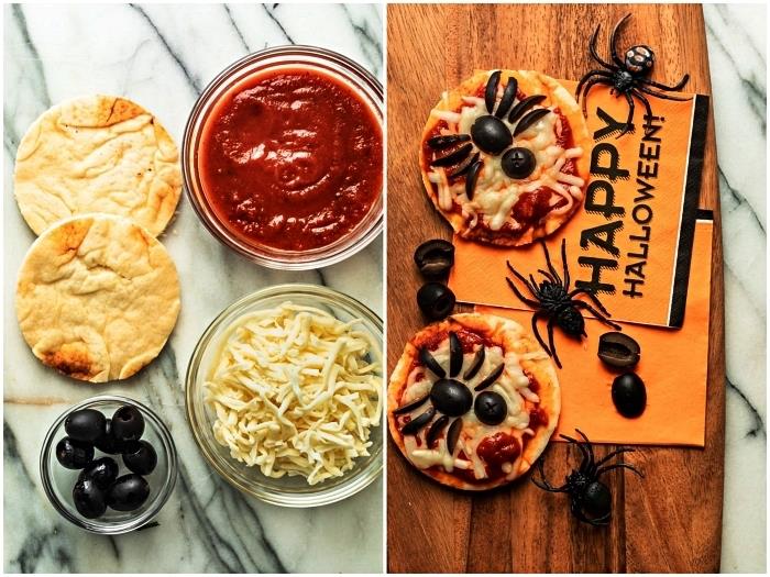peynirli ve domatesli cadılar bayramı pizzası, cadılar bayramı aperitifi için mini örümcek pizzaları