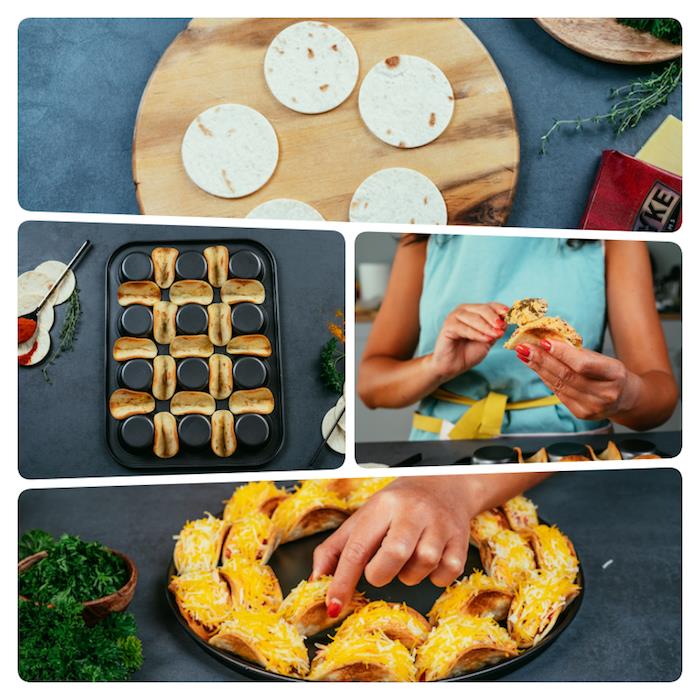 domači taco recept kot aperitiv, piščančji taco ugriz, sir cheddar, kremni sir in rdeča paprika