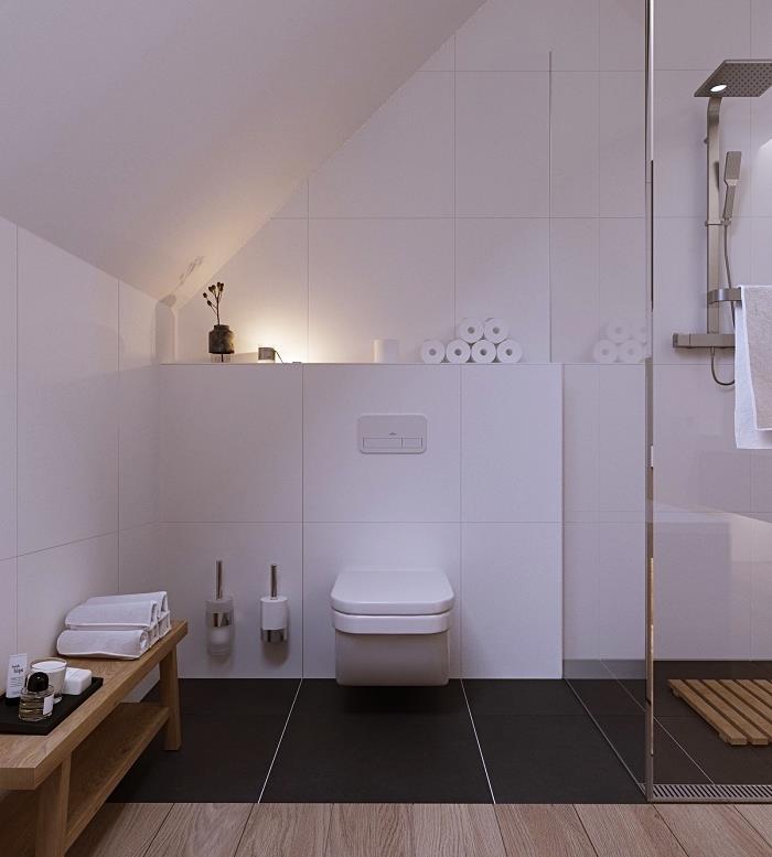 açık duvar deposu ile eğim altındaki alanın optimizasyonu, tuvalet ve duş içeren 5 m2'lik küçük bir banyo düzeni