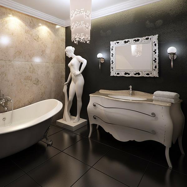 Baroko stiliaus vonios kambarys su veidrodžiu su senovinio stiliaus elementais