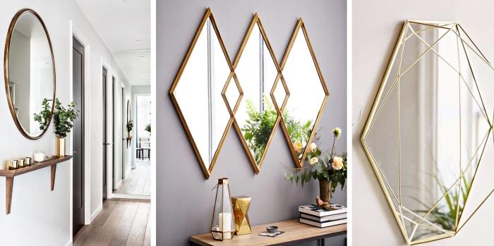beyaz taupe ve bej tonlarında duvarlarda bakır ve altın renginde modern geometrik tasarıma sahip ayna örnekleri
