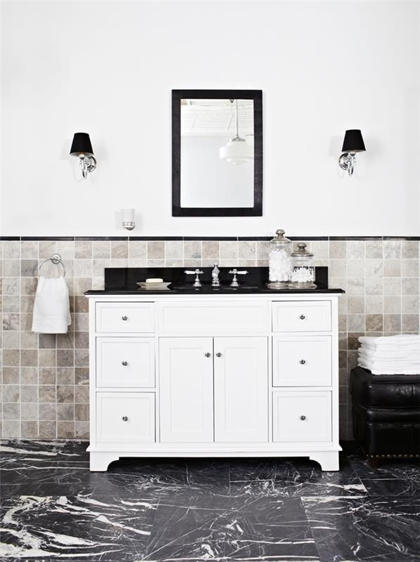 siyah çerçeve ayna beyaz lavabo dolabı siyah tezgah dolapları art deco banyo siyah mermer döşeme
