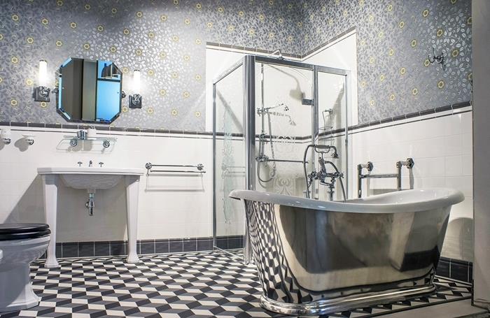veidrodinės plytelės art deco geometriniai motyvai balta ir juoda chromuota vonia iš nerūdijančio plieno maišytuvo kabinos dušo tapetai