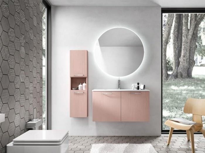 apvalios formos vonios kambarys-veidrodis-vonios kambario baldai-pastelinės-rožinės spalvos