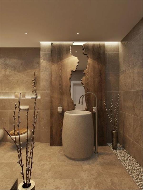 hafif banyo aynaları yuvarlak taş lavabo çatlak efekti duvarın birkaç düzlemi 4D efekti