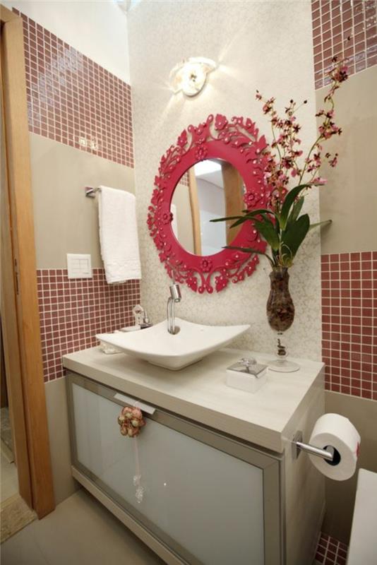 duvarlar için renkli yaprak desenli yuvarlak pembe banyo aynası
