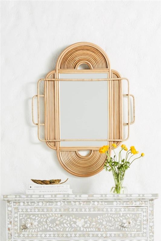 madingi 2020 m. augalinio pluošto priedai, stačiakampis rotango ir bambuko veidrodžių modelis, skirtas bohemiškam dekorui