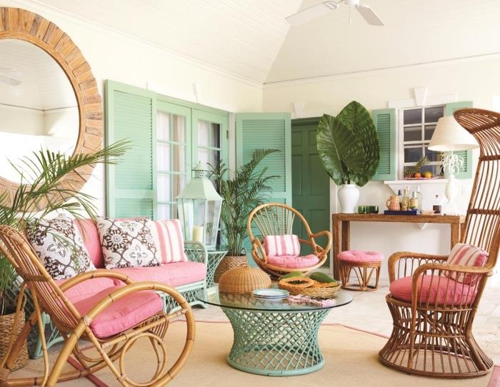 kaip įrengti egzotiško stiliaus terasą su mediniais baldais ir pastelinių spalvų akcentais, rotango sodo baldų idėja