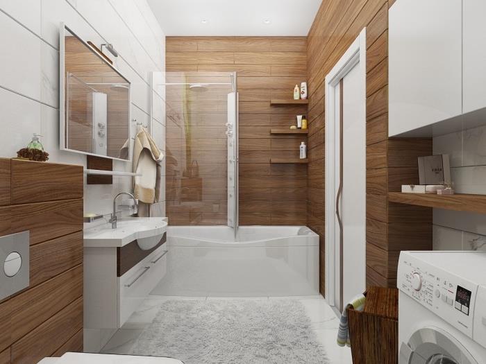 primer bele in lesene kopalnice, opremljene s stenskim skladiščem z vogalnimi policami ter omaricami iz belega in lesa