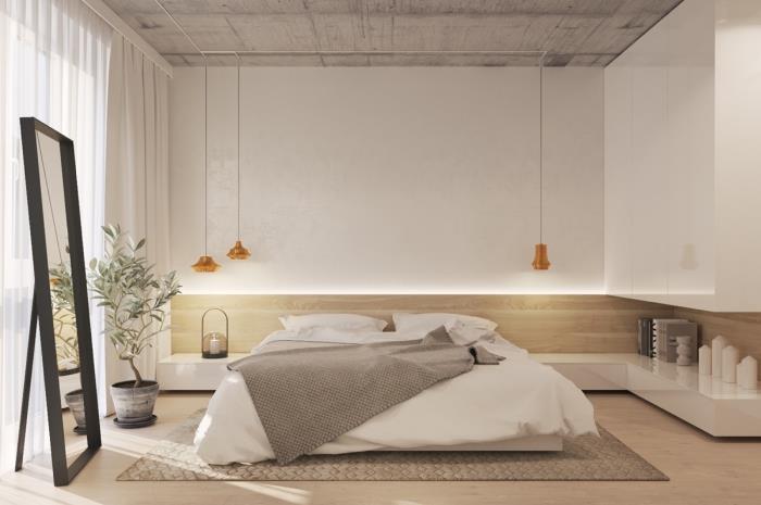 çift ​​kişilik yataklı tasarımcı yatak odası ve kulpsuz modern yatak odası mobilyaları, samimi alanın dekoru için nötr renkler