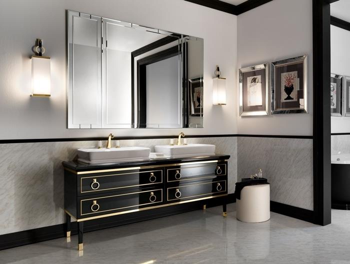 stačiakampio formos veidrodinė sieninė šviesa juoda praustuvo spintelė žalvario apdaila balta kriauklė auksinis maišytuvas modernus vonios kambario dekoras